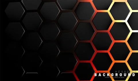 Abstract black hexagon pattern on neon gradient orange background technology  Illustrazione stock