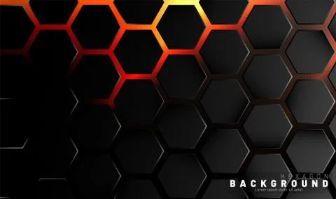 Abstract black hexagon pattern on neon gradient orange background technology  스톡 일러스트