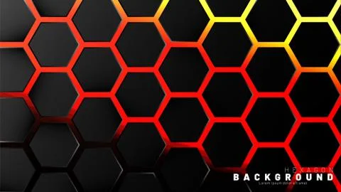 Abstract black hexagon pattern on neon gradient orange background technology  Stock Illustration