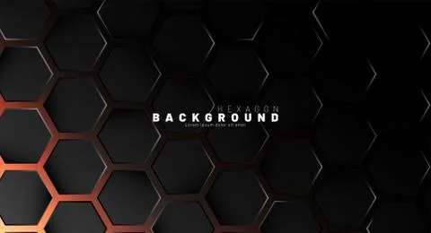 Abstract black hexagon pattern on neon gradient orange background technology  Stock Illustration