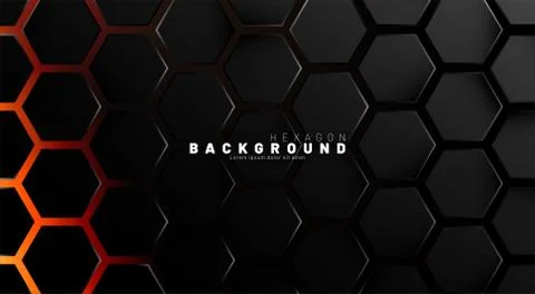 Abstract black hexagon pattern on neon gradient orange background technology  Stock Illustration