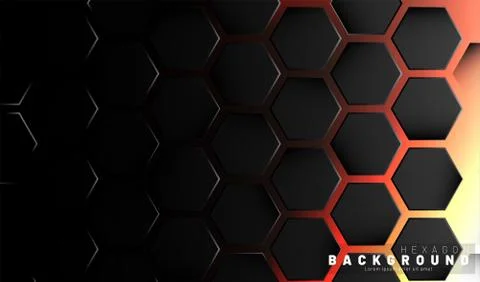 Abstract black hexagon pattern on neon gradient orange background technology  Stock Illustration
