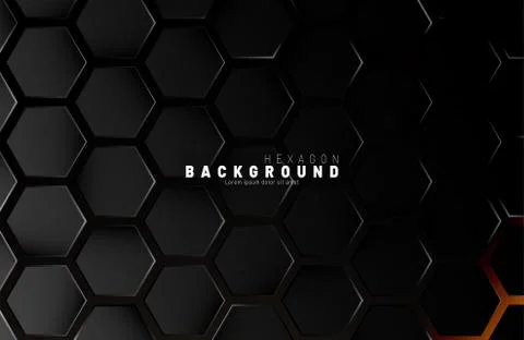 Abstract black hexagon pattern on neon gradient orange background technology  Illustrazione stock