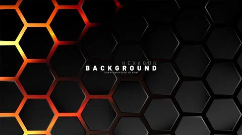 Abstract black hexagon pattern on neon gradient orange background technology  Stock Illustration