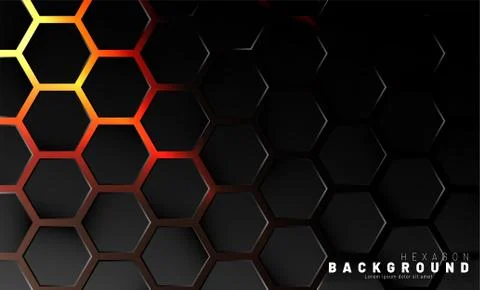 Abstract black hexagon pattern on neon gradient orange background technology  Illustrazione stock