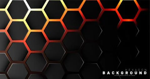 Abstract black hexagon pattern on neon gradient orange background technology  스톡 일러스트