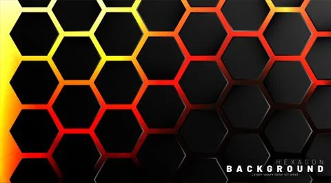 Abstract black hexagon pattern on neon gradient orange background technology  Stock Illustration