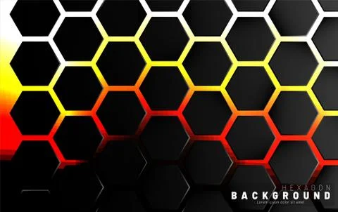 Abstract black hexagon pattern on neon gradient orange background technology  Illustrazione stock