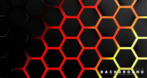 Abstract black hexagon pattern on neon gradient orange background technology  Illustrazione stock