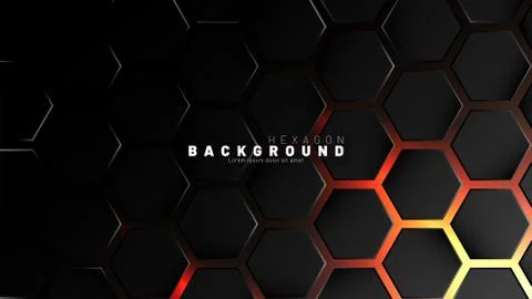 Abstract black hexagon pattern on neon gradient orange background technology  Stock Illustration