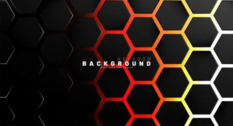 Abstract black hexagon pattern on neon gradient orange background technology  Stock Illustration