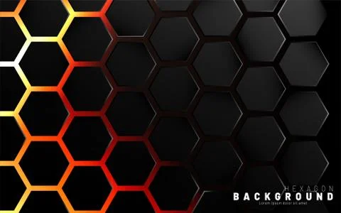 Abstract black hexagon pattern on neon gradient orange background technology  Stock Illustration