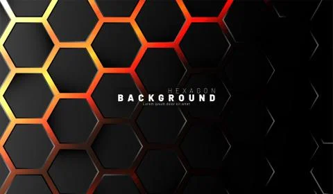 Abstract black hexagon pattern on neon gradient orange background technology  Stock Illustration