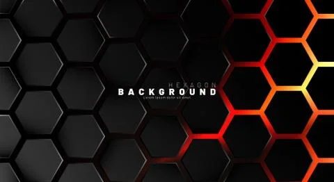 Abstract black hexagon pattern on neon gradient orange background technology  Illustrazione stock