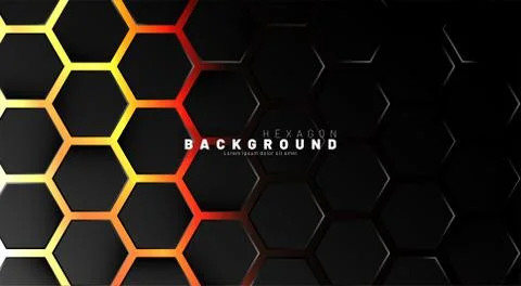 Abstract black hexagon pattern on neon gradient orange background technology  Stock Illustration