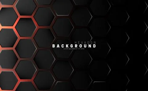 Abstract black hexagon pattern on neon gradient orange background technology  Illustrazione stock