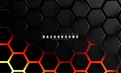 Abstract black hexagon pattern on neon gradient orange background technology  Stock Illustration
