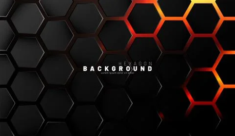 Abstract black hexagon pattern on neon gradient orange background technology  Stock Illustration