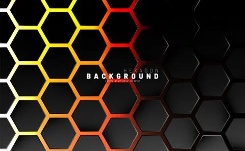 Abstract black hexagon pattern on neon gradient orange background technology  Illustrazione stock