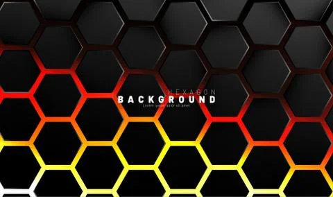Abstract black hexagon pattern on neon gradient orange background technology  스톡 일러스트