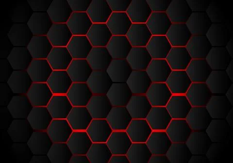 Abstract black hexagon pattern on red neon background technology style. Honey Stock Illustration