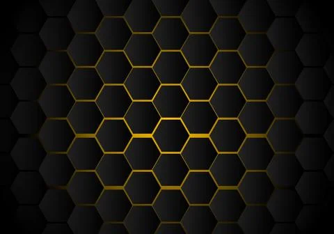 Abstract black hexagon pattern on yellow neon background technology style. Ho Stock Illustration