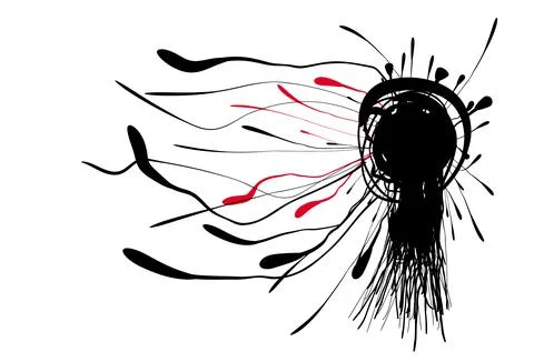 Abstract Black Ink Splash With Red Accents, Dynamic Paint Splatter And Orga.. Stock Illustration