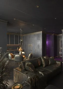 Abstract black interior with gold mesh. Living room dark. Stock Illustration