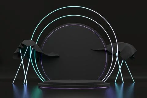 Abstract black stage platform with neon light, template for advertising pro.. Stock Photos