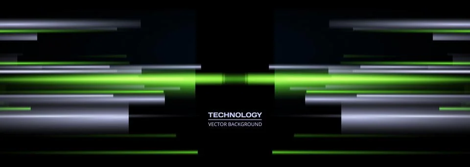 Abstract black technology background with mirrored neon green and silver light Stock Illustration