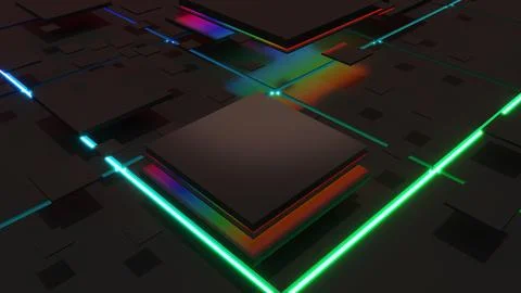 Abstract black technology square shape background and neon light,Cyberspace.. Stock Illustration