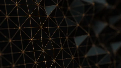 Abstract black triangular moving mesh with a golden lines and points. Nano Stock Footage 331196227