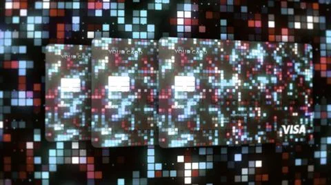 Abstract blinking mosaic pattern of new bank credit cards. Motion. Concept of Stock Illustration