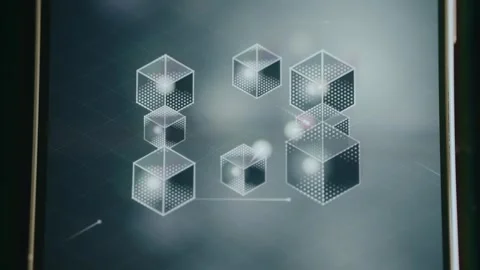 Abstract blockchain network with 3D blocks and dots transferring between nodes Stock Footage 333847148