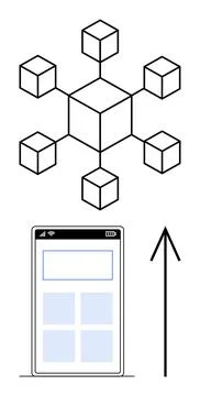 Abstract Blockchain Network Structure and Mobile Interface with Upward Arrow Stock Illustration