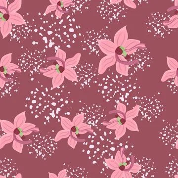 Abstract bloom seamless pattern with hand drawn random pink orhid flowers sha 스톡 일러스트