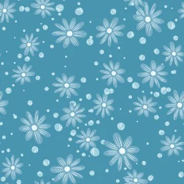 Abstract bloom seamless pattern with small daisy flowers elements. Blue backg 스톡 일러스트