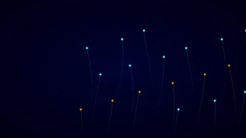 Abstract Blue and Orange Digital Particles Rising in Dark Space Stockbeeldmateriaal 342792258