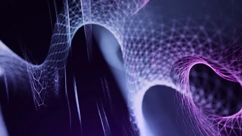 Abstract blue and purple mesh waves intertwine in a smooth flow, creating a d Stock Footage 332801587