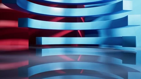 Abstract blue and red geometric shapes with reflections in a modern studio .. Stock Footage 332147790