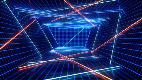 Abstract blue and red interior with neon light. Fluorescent lamp. Futuristic Stock Illustration