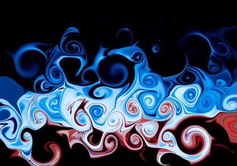 Abstract blue and red liquid swirling marble flame texture on black backdrop Stock Illustration