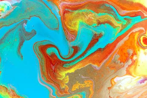 Abstract blue and red marble pattern with gold glitter. Liquid bright paint Stock Illustration