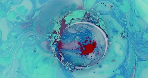 Abstract blue and red paint bubbles marble background with milk oil and soap 4K Stock Footage 135828229