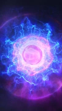 Abstract blue and violet plasma sphere with glowing electric energy, cosmic.. Stock Illustration