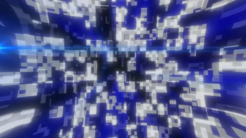 Abstract blue and white glowing pixel explosion with futuristic digital blo.. Illustrazione stock