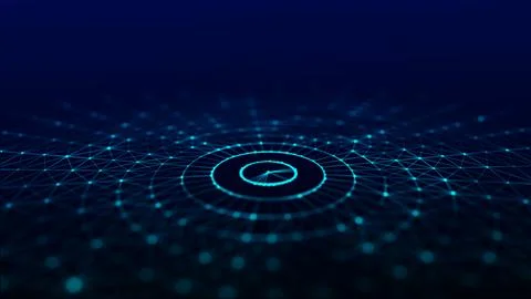 Abstract blue background of circular flow of particles. Digital cyberspace... Stock Illustration