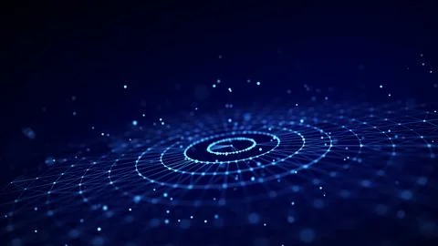Abstract blue background of circular flow of particles. Digital cyberspace... Stock Illustration