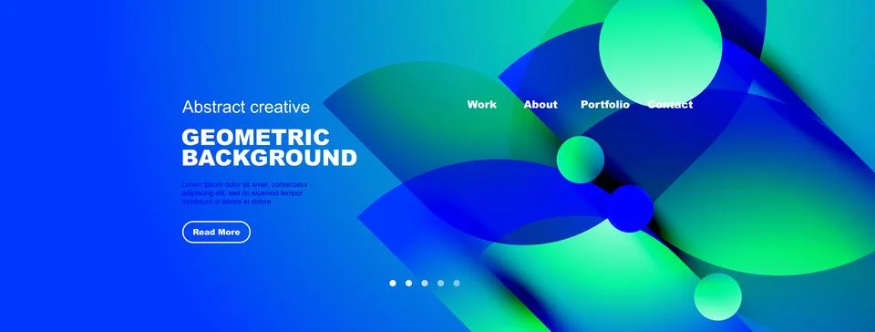 Abstract blue background features overlapping circles, text elements, navig.. Ilustración de archivo