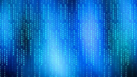 Abstract blue background featuring vertical streams of glowing binary code .. Illustration